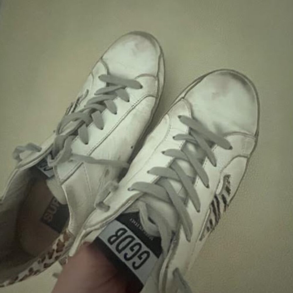 GOLDEN GOOSE SUPERSTAR SNEAKERS - WHITE WITH LEOPARD BACK AND ZEBRA STAR, SZ 38 - Picture 3 of 4
